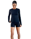 Black long-sleeve top and black shorts in lightweight fabric ideal for any kind of sport.