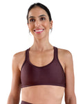 Women's brown racerback sports bra with shiny performance fabric, medium support, and comfortable fit for gym workouts, Pilates, yoga and everyday wear.