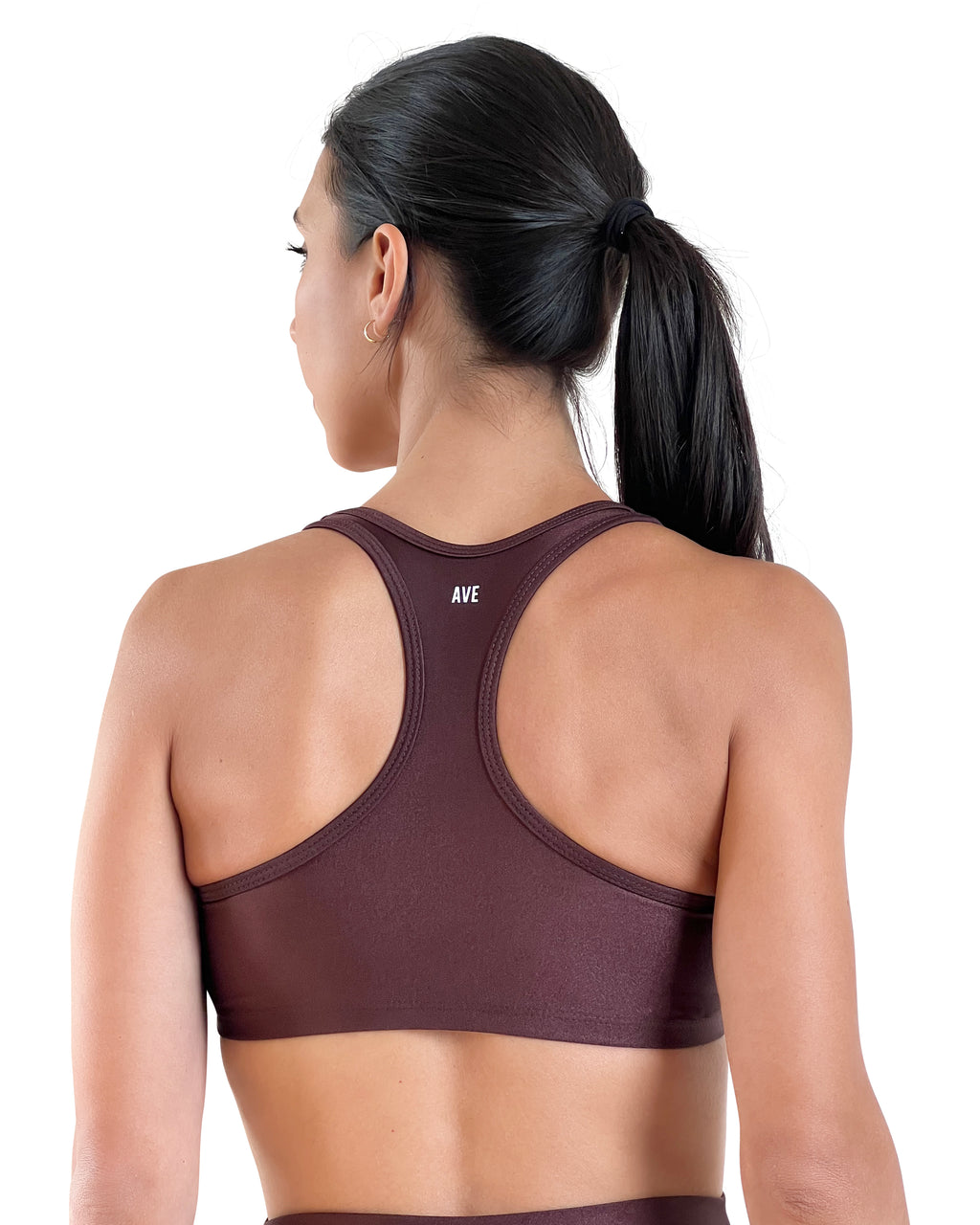 Women's brown racerback sports bra with with AVE branding and shiny performance fabric, medium support, and comfortable fit for gym workouts, Pilates, yoga and everyday wear.