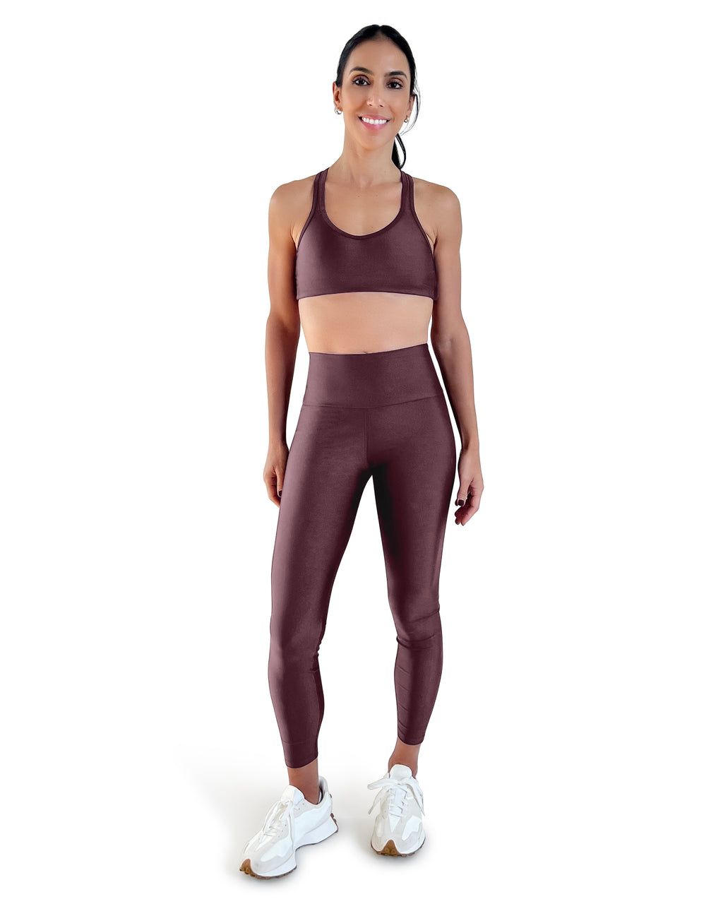 Women's espresso high-waisted leggings with shiny performance fabric, squat-proof coverage, and a sculpting fit for gym workouts, Pilates, yoga or everyday wear.