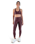 Women's espresso high-waisted leggings with shiny performance fabric, squat-proof coverage, and a sculpting fit for gym workouts, Pilates, yoga or everyday wear.