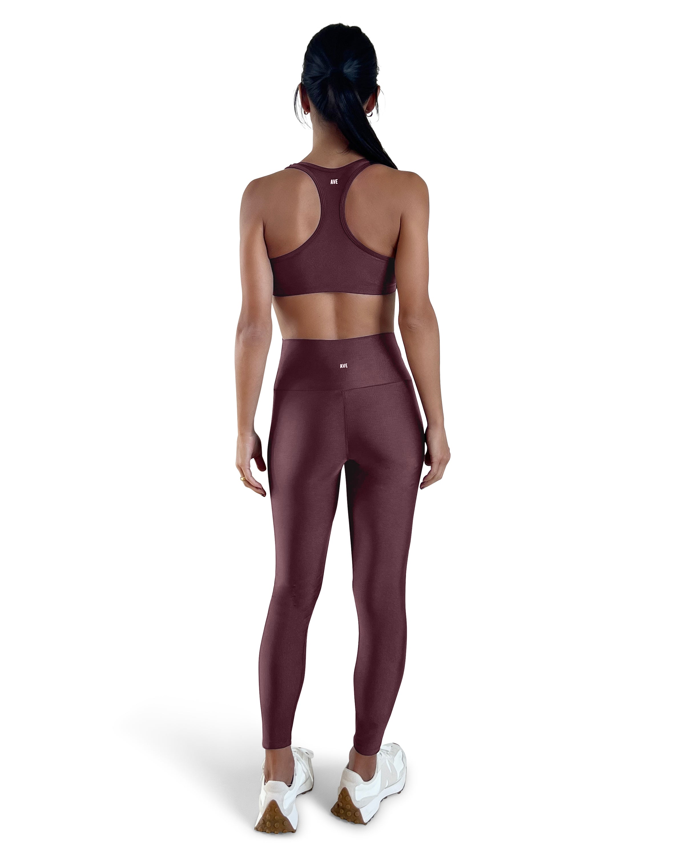 Women's espresso high-waisted leggings with shiny performance fabric, squat-proof coverage, and a sculpting fit for gym workouts, Pilates, yoga or everyday wear.