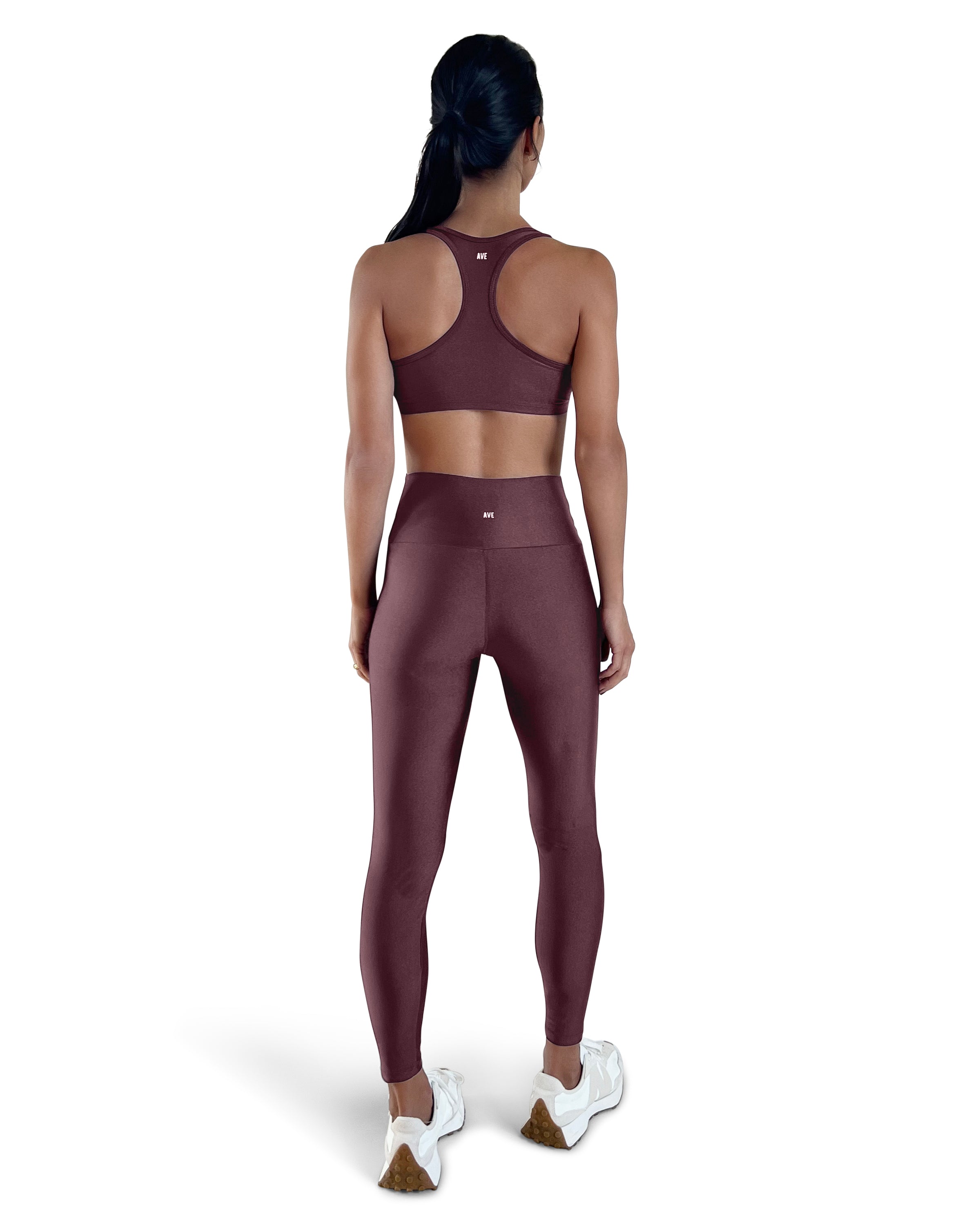 Women's espresso high-waisted leggings with shiny performance fabric, squat-proof coverage, and a sculpting fit for gym workouts, Pilates, yoga or everyday wear.