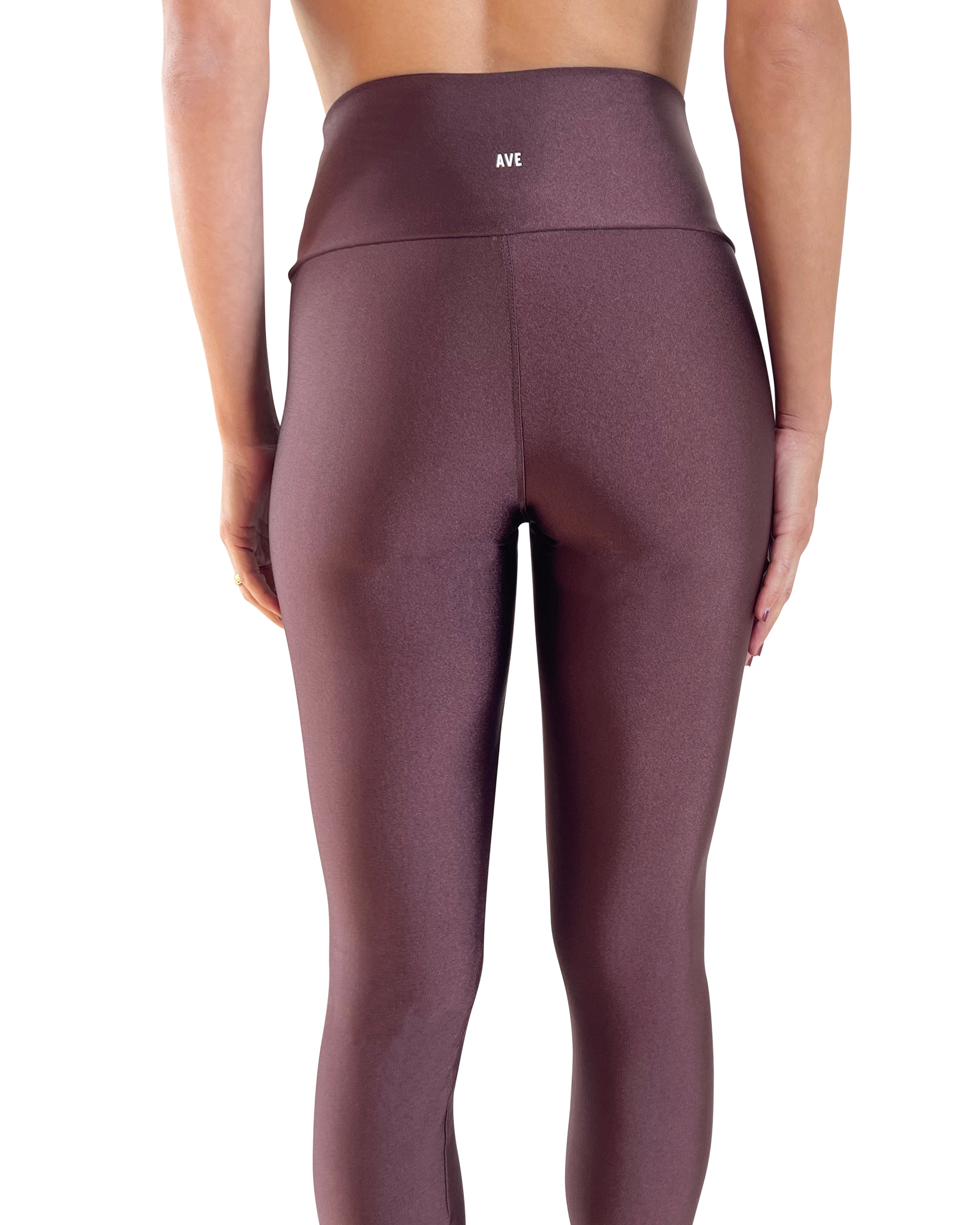 Women's espresso high-waisted leggings with shiny performance fabric, squat-proof coverage, and a sculpting fit for gym workouts, Pilates, yoga or everyday wear.