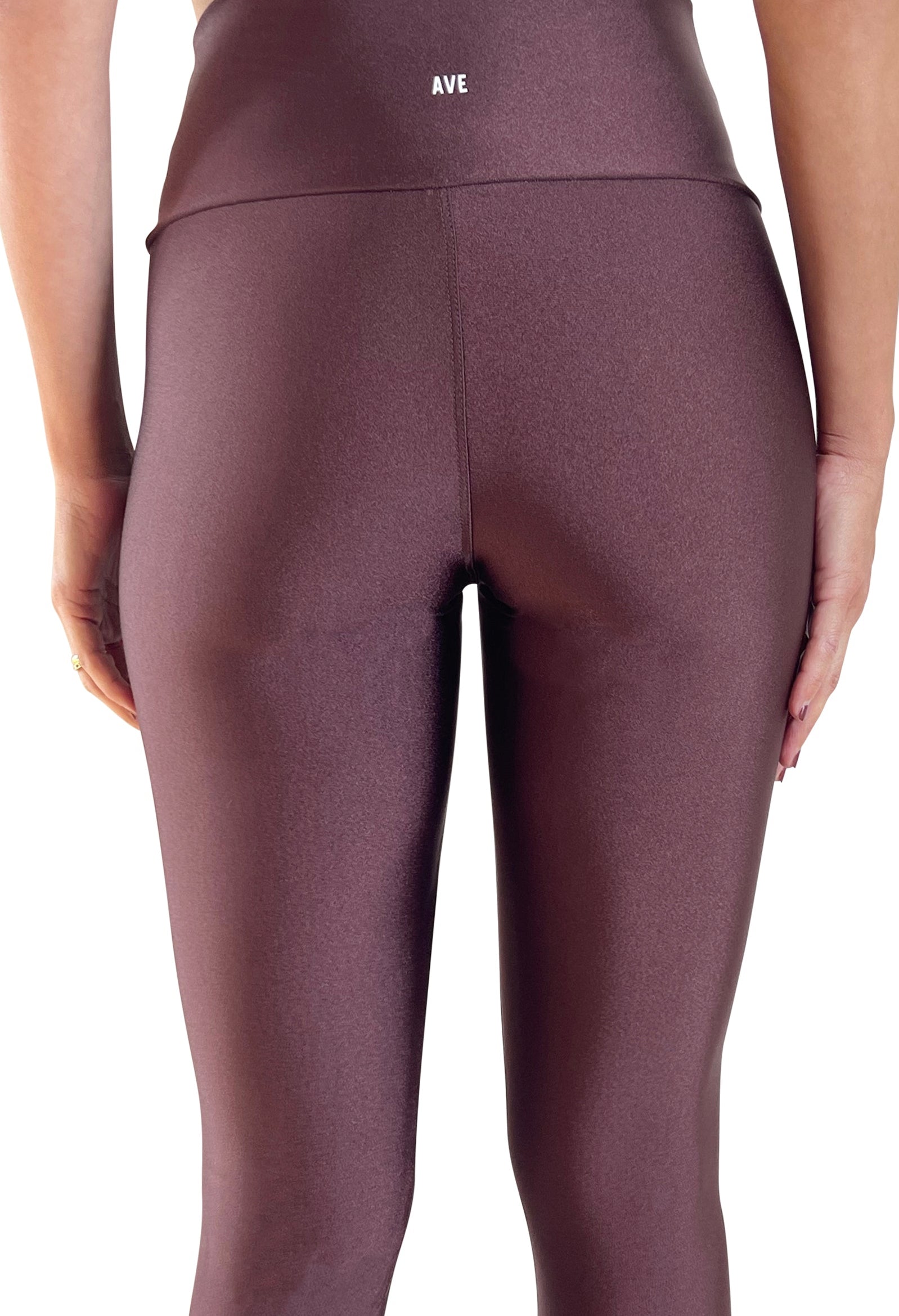 Women's espresso high-waisted leggings with shiny performance fabric, squat-proof coverage, and a sculpting fit for gym workouts, Pilates, yoga or everyday wear.