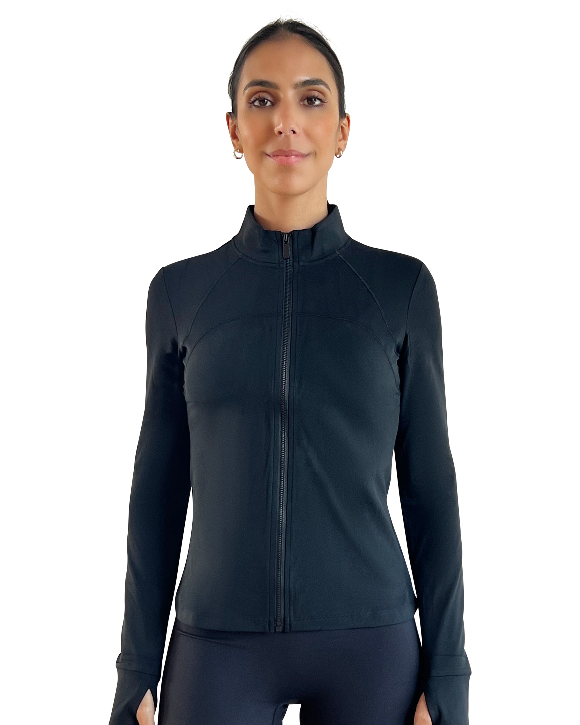 Women's black full-zip activewear jacket with thumbholes, four-way stretch fabric, and a flattering fitted silhouette for training, running, travel, and everyday wear.