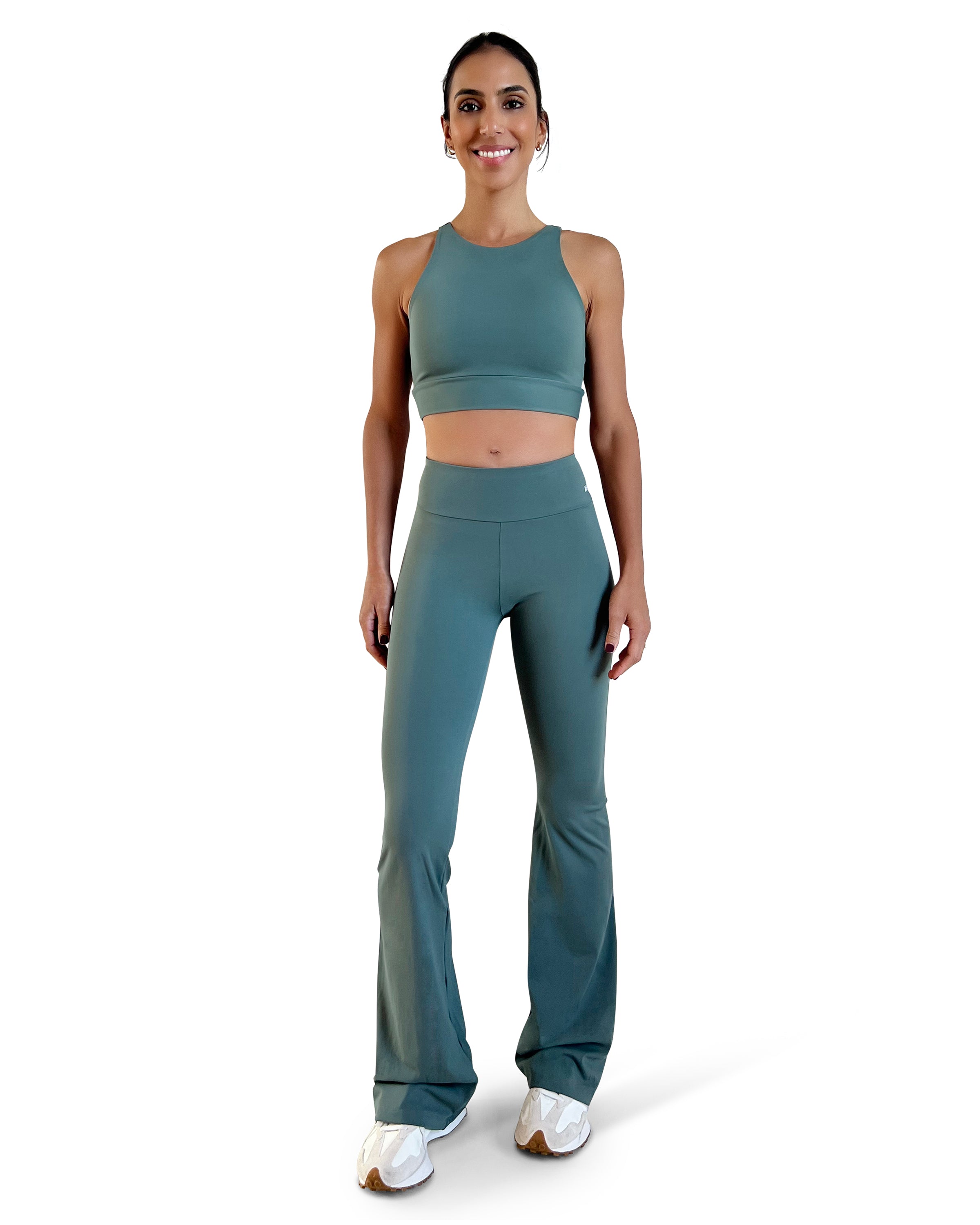 Women's military green fitness crop top with supportive coverage, four-way stretch fabric, and a comfortable fit for training, yoga, and active lifestyles.