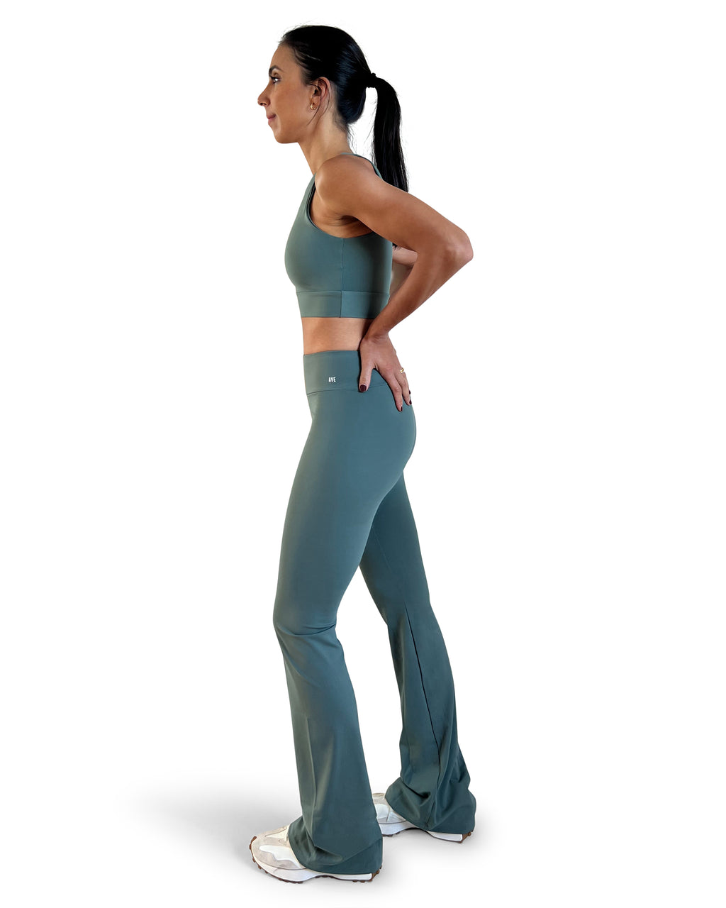 Women's military green fitness crop top with supportive coverage, four-way stretch fabric, and a comfortable fit for training, yoga, and active lifestyles.