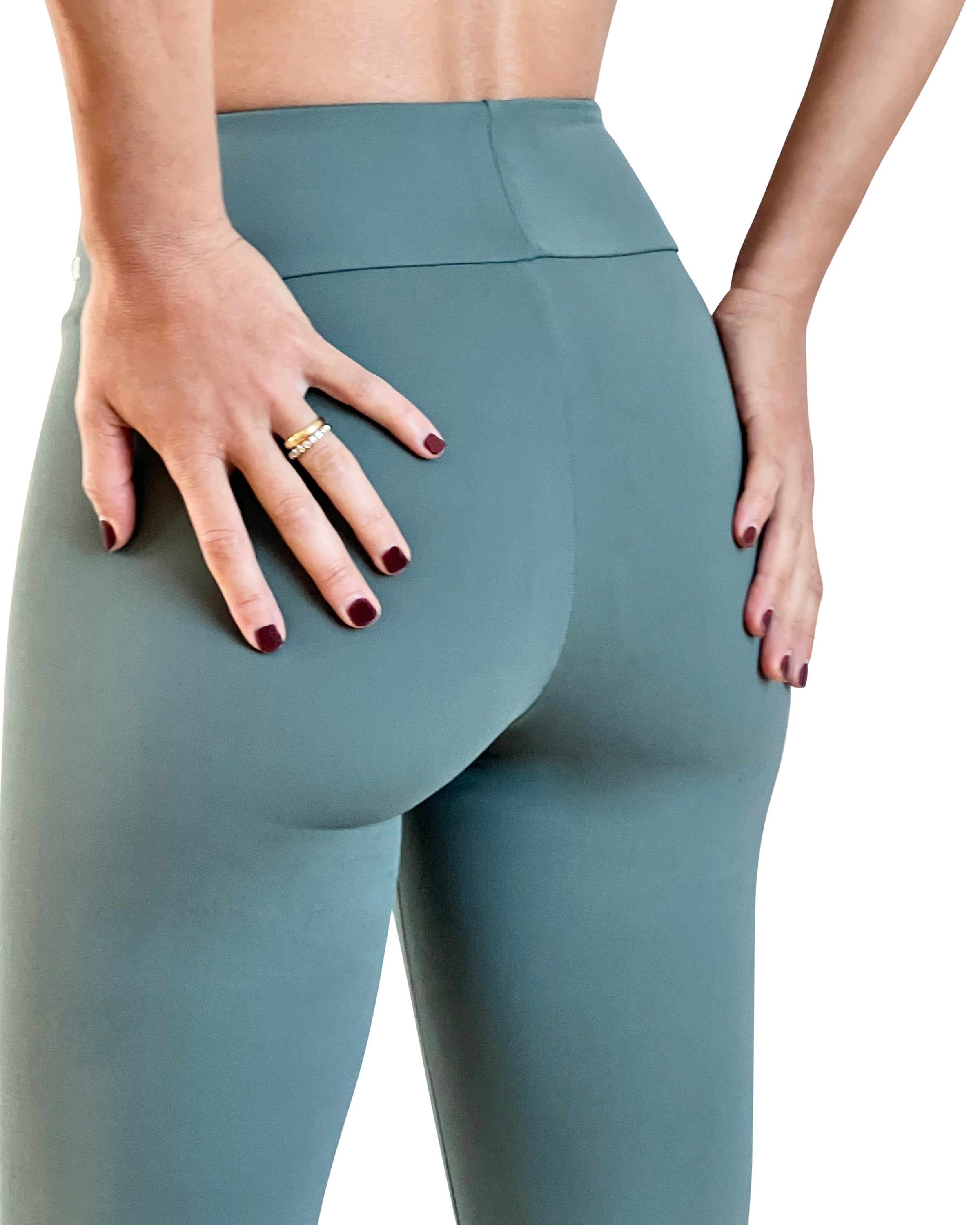 Military green flare leggings featuring a flattering high-rise waistband, elongating silhouette, and buttery-soft performance fabric.