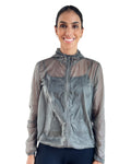 Women's grey lightweight windbreaker jacket with hood, breathable performance fabric, and packable design for travel, walking, and outdoor workouts.