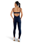 Women's black open-back activewear jumpsuit with sculpting compression fit, full-length leggings and minimalist strappy back design by AVE.